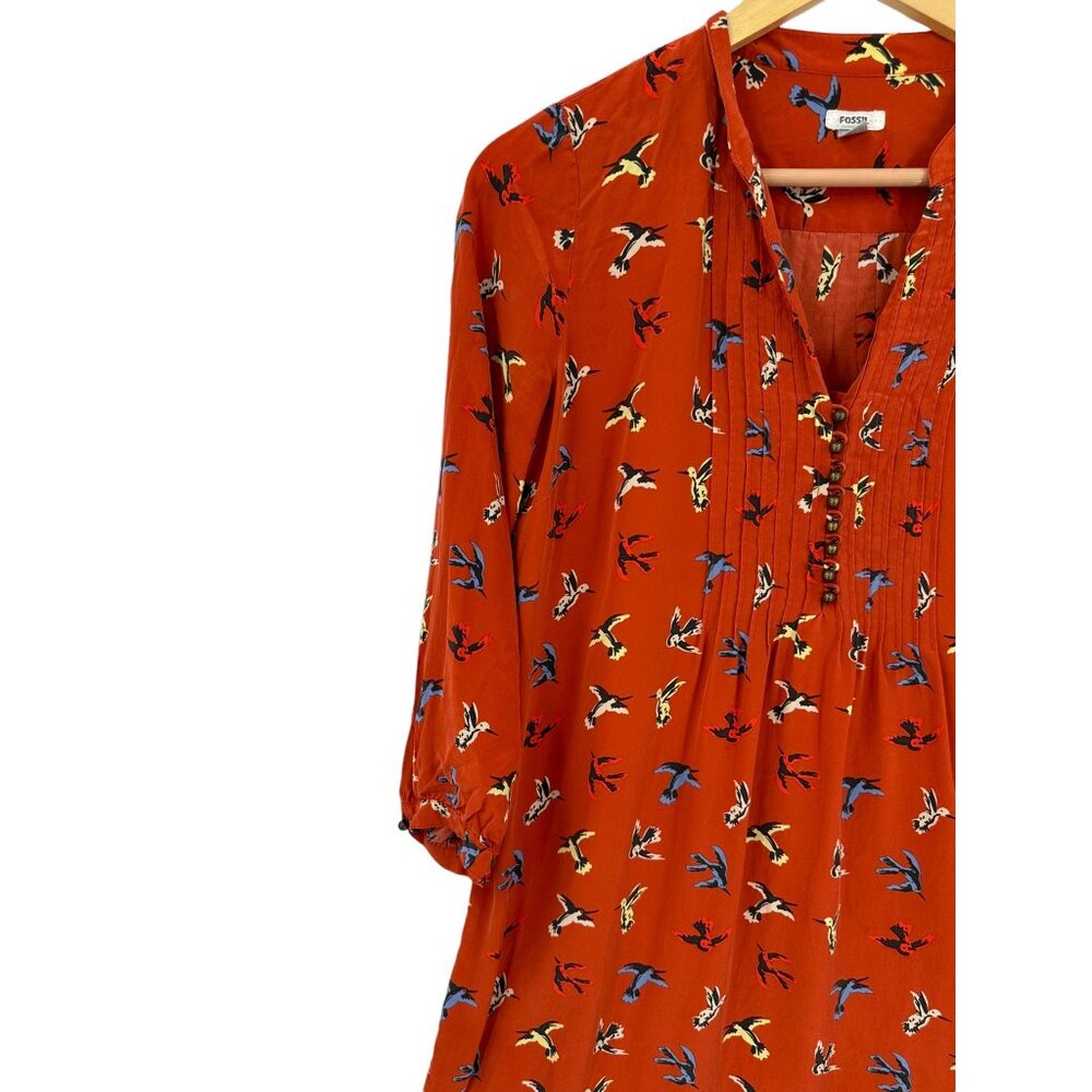 Fossill 100% silk Dress Womens Size Small‎ Pleated Cottagecore Fairycore Birds - Picture 5 of 11